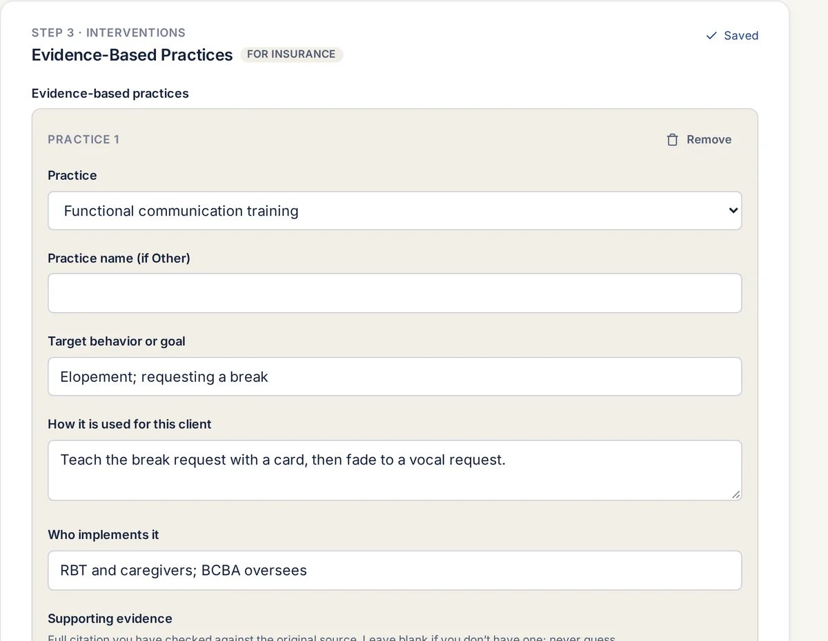 The Evidence-Based Practices section with a practice selected, a target behavior, how it is used, and who implements it.